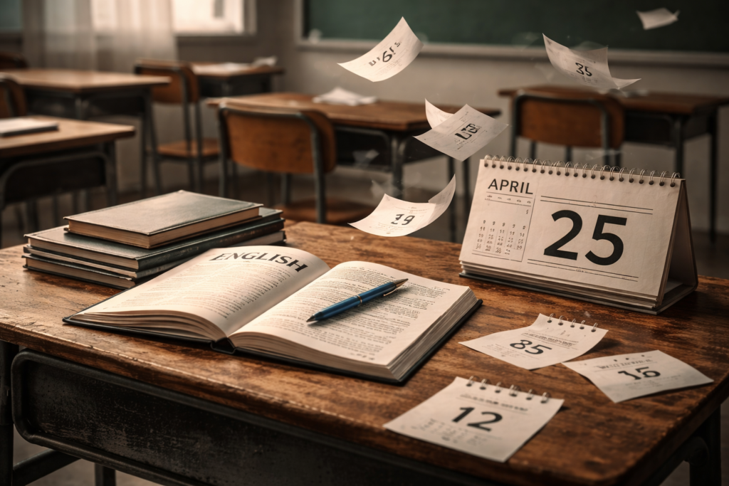 1500 horas de inglés… ¿y aún así no lo hablan?/ 1500 Hours of English… And Still Not Speaking? Mesa de estudio con libro de inglés abierto y calendario con hojas volando simbolizando el paso del tiempo sin aprender a hablar inglés./Study desk with open English book and calendar pages flying, symbolising time passing without learning to speak English.
