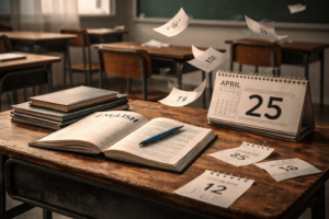 1500 horas de inglés… ¿y aún así no lo hablan?/ 1500 Hours of English… And Still Not Speaking? Mesa de estudio con libro de inglés abierto y calendario con hojas volando simbolizando el paso del tiempo sin aprender a hablar inglés./Study desk with open English book and calendar pages flying, symbolising time passing without learning to speak English.